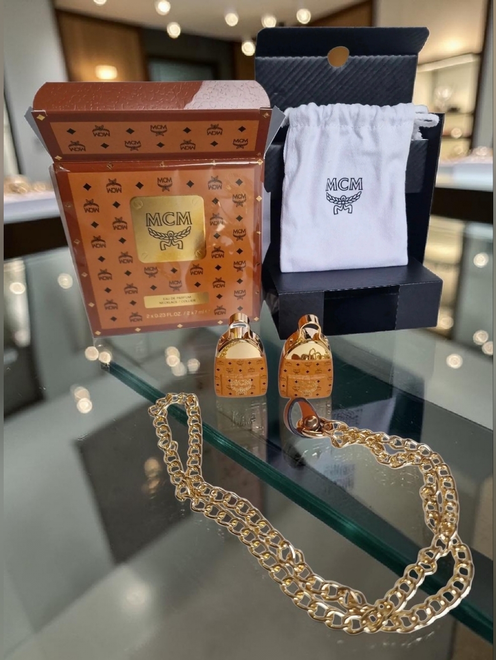 MCM Gold-Tone Eau De Parfum Necklace Set NWT